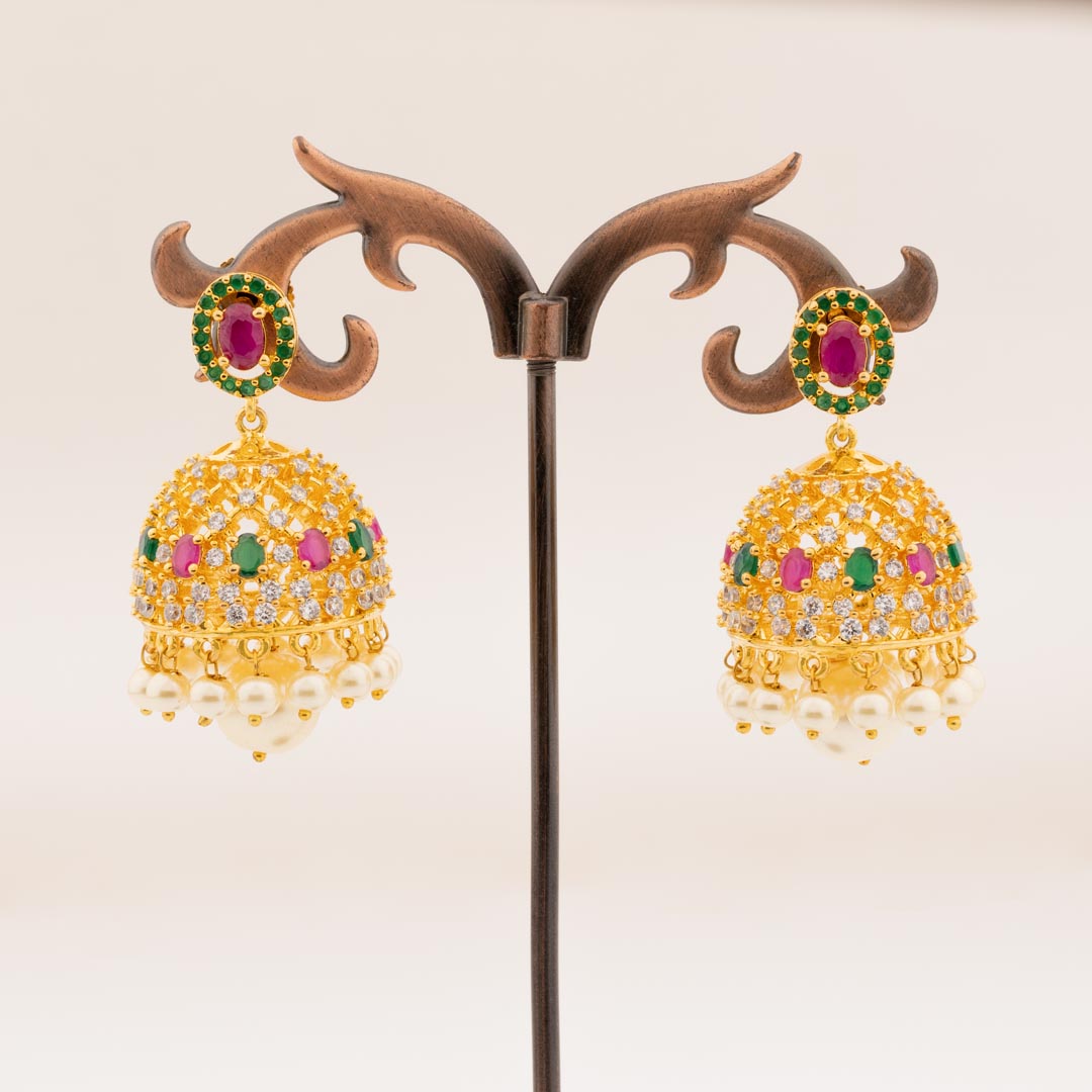 Long Gold Jhumka with Pearl drops | CZ American Diamond Bridal Jhumka –  Indian Designs