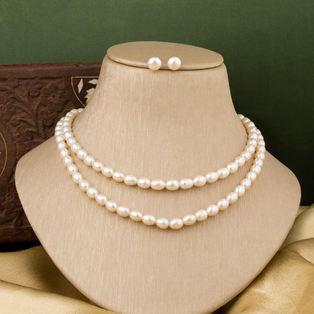 ADF-Pearl Dual Layered White and Green Crystal Beads Pearl Necklace Set for  Women & Men.