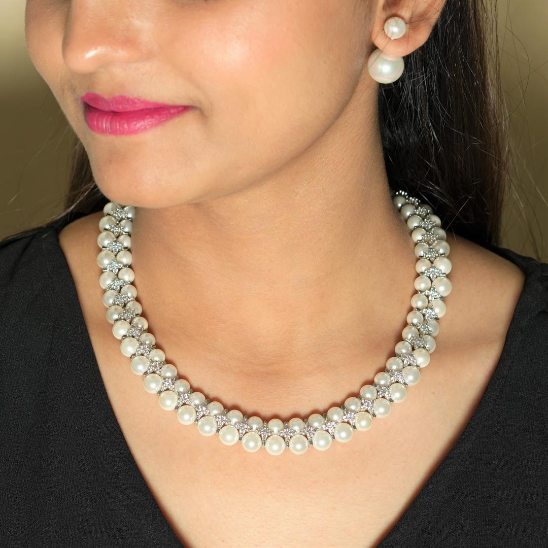 Pavizha malli , elegant gold finish Pearl Necklace Set for women -SAND –  www.soosi.co.in
