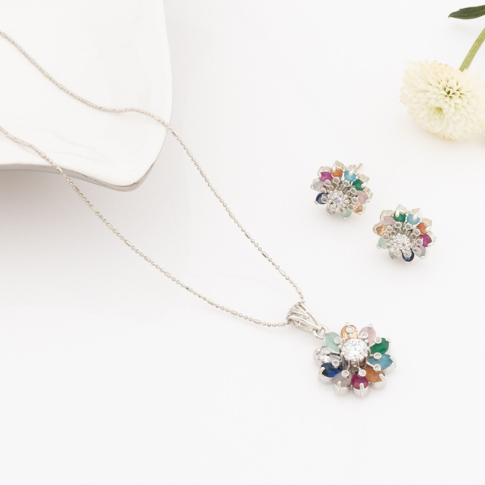 multi-color-floral-enamel-pendant-necklace-and-earrings-set